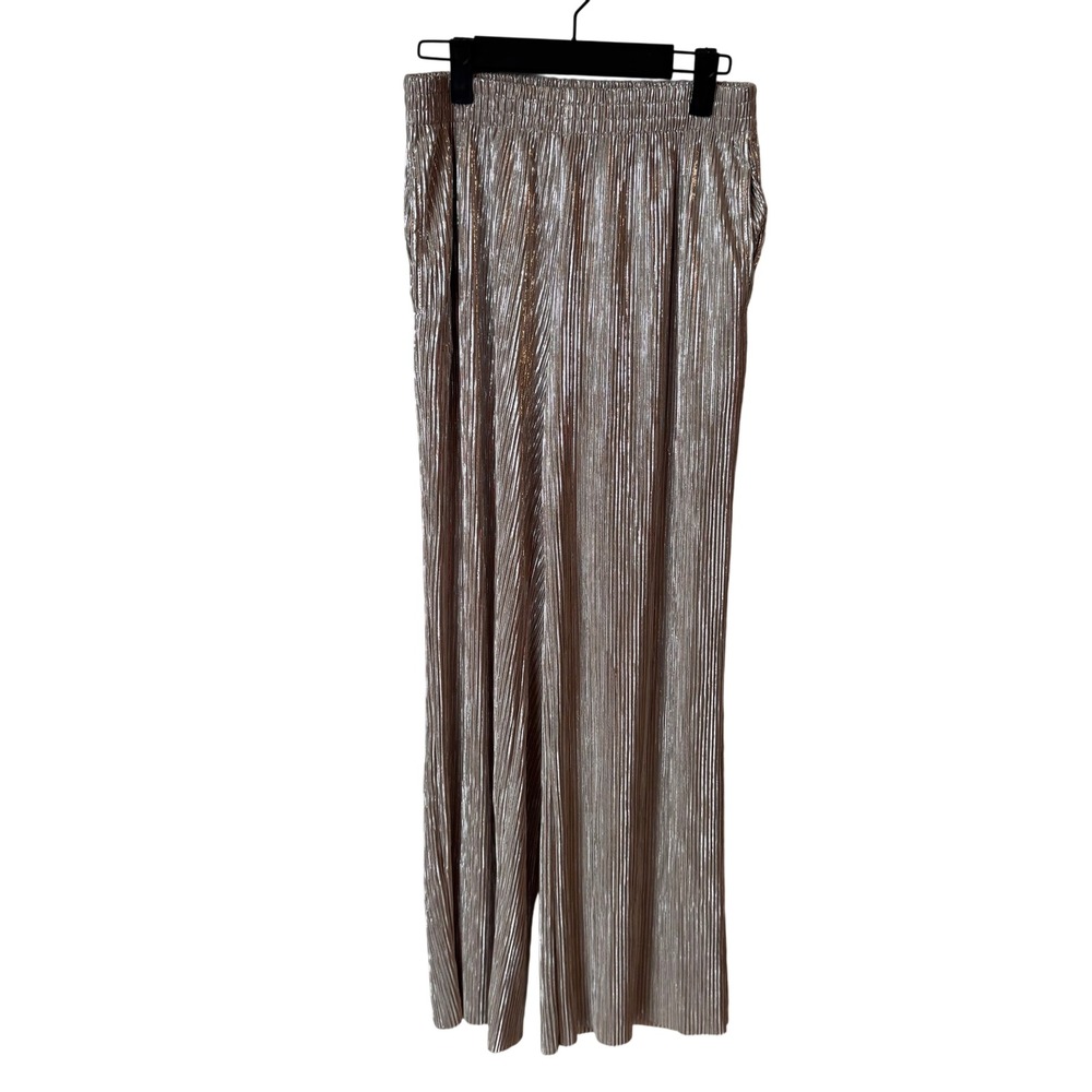 HG Metallic Silver Plisse Wide Leg Pants High Waist Accordion Pleat Shimmer M